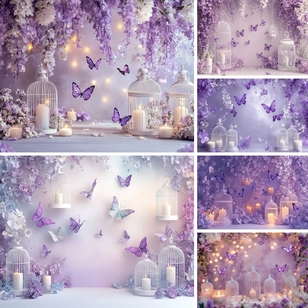 Farfalla viola Tema da parete Fotografia Sfondo Fiore Candela primaverile Ritratto Matrimonio Decorazione festa nuziale Puntelli Regali
