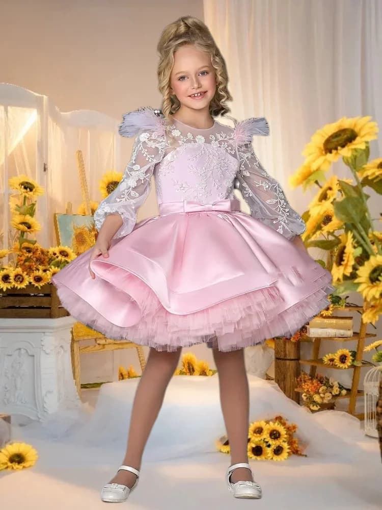 Splendido abito da ragazza di fiore rosa soffice tulle squisito applique ricamata a maniche lunghe per abiti da ballo per feste di compleanno di nozze