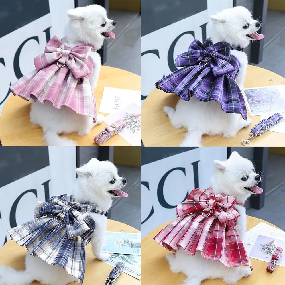 Nuovo Set Regolabile per Cani con Guinzaglio, Pettorina Traspirante in Rete, Gonna a Quadri JK Dolce e Comoda, Primavera Estate