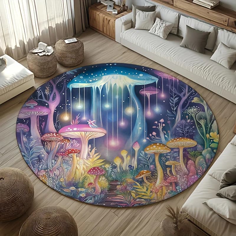 Round Carpet with Print Magic Mushroom Forest, Flannel Mat, Fantasy Theme, Home Decoration, Living Room, Bedroom, Yoga and Meditation