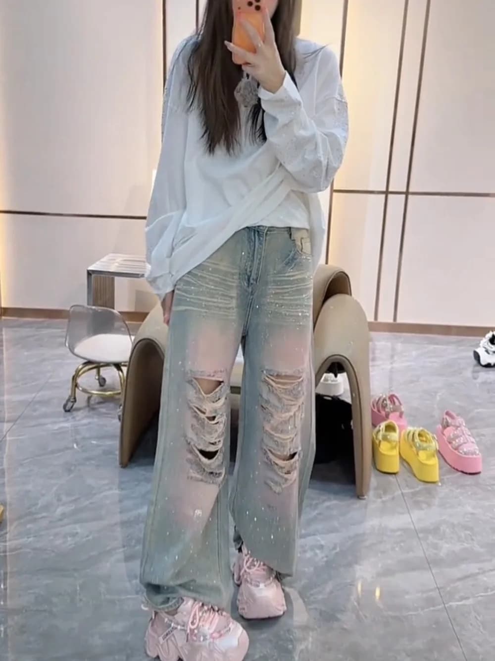 Jeans Americani Heavy Duty con Strass, Vita Alta, Gamba Dritta, Nuovi 2026, Pantaloni Larghi da Donna Stile High Street