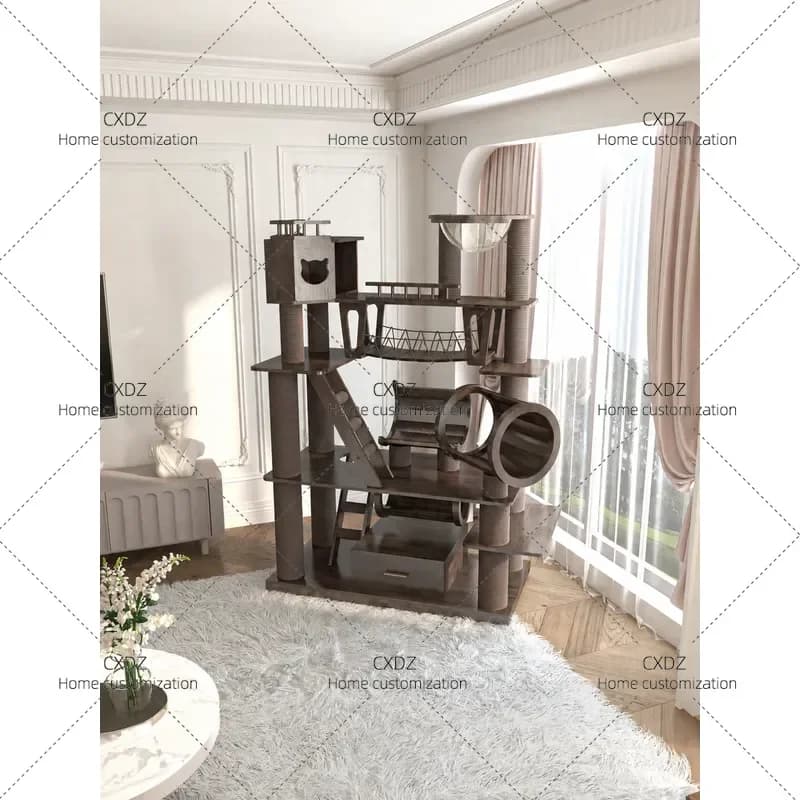 Large Solid Wood Cat Tree Climbing Frame with Nest Integrated Cat Castle Lacquered Black Walnut Color for Indoor Pets