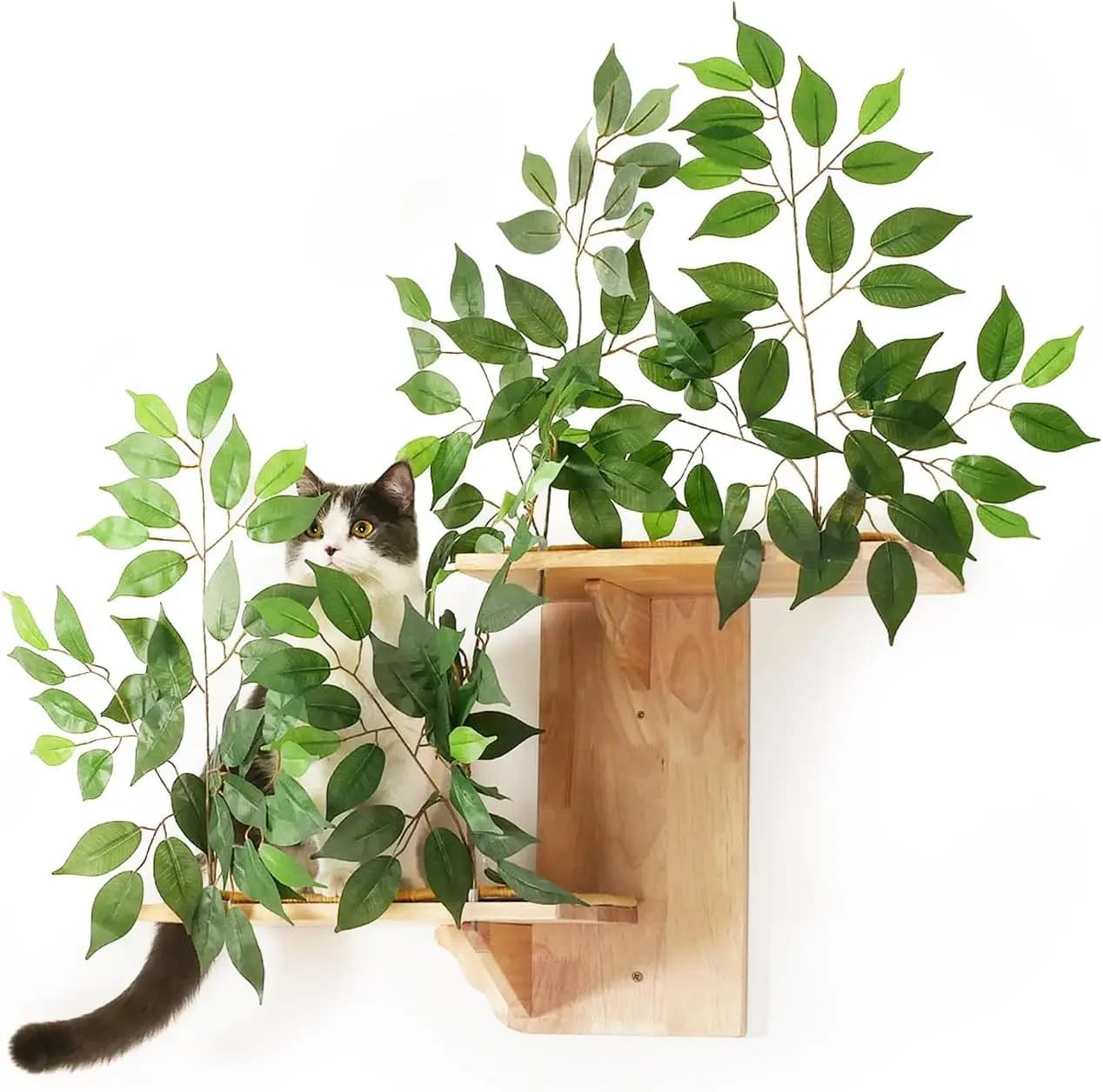 Mensole da Parete per Gatti con Foglie, Mobili da Parete per Gatti a 2 Piattaforme, Mensole per Alberi per Gatti, Posatoio da Parete in Legno di Gomma con Tappetino, Ponte per Gatti