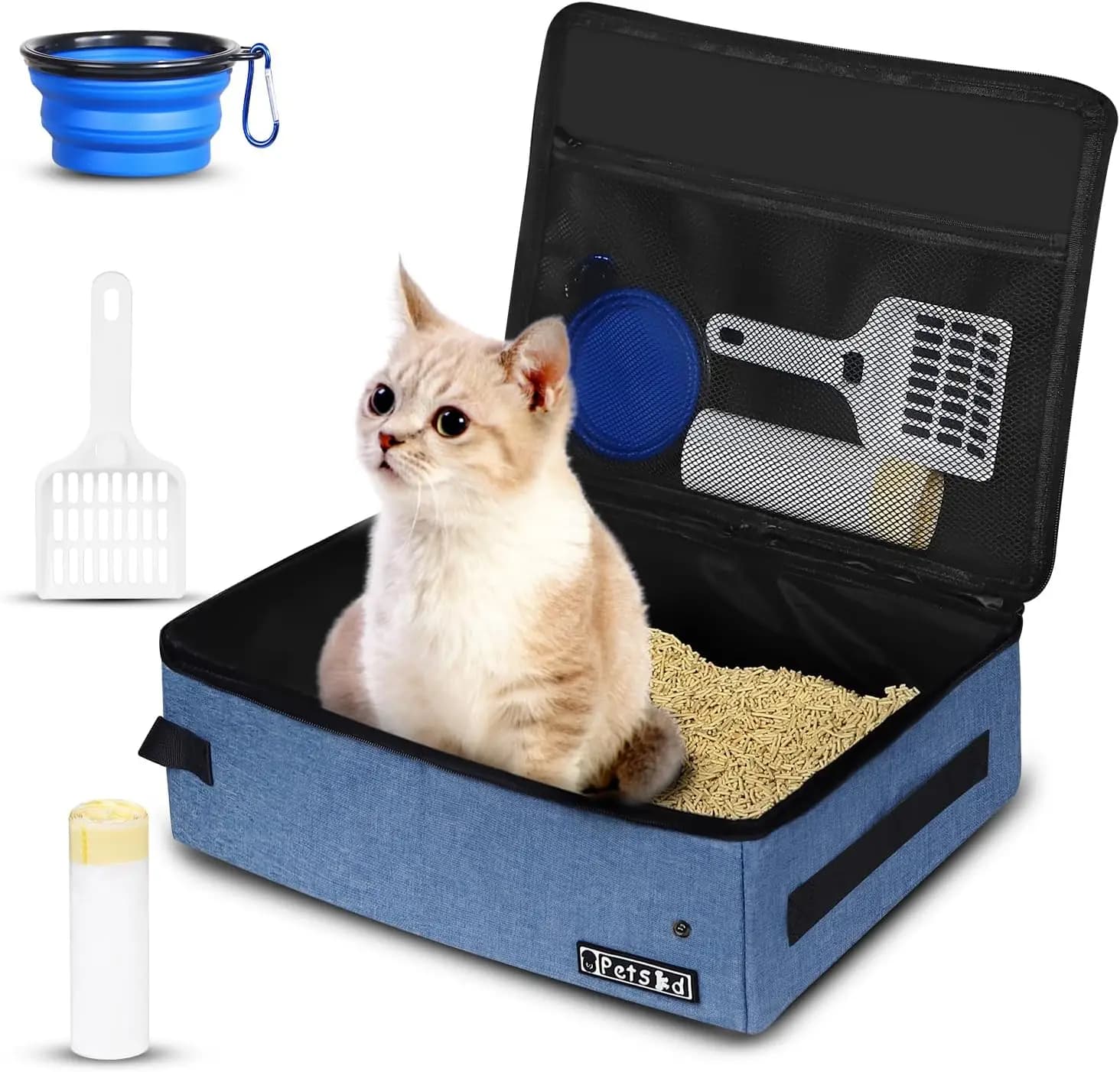 Lettiera da viaggio portatile per gatti con coperchio e 10 sacchetti monouso, a prova di perdite e pieghevole, accessorio essenziale per il viaggio del gatto