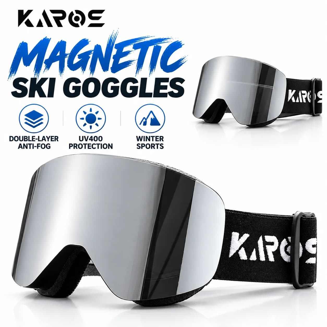 KAROS Magnetic Ski Goggles UV400 Double Layer Anti Fog Snow Goggles Quick Release Lens for Skiing Snowboard Winter Sports