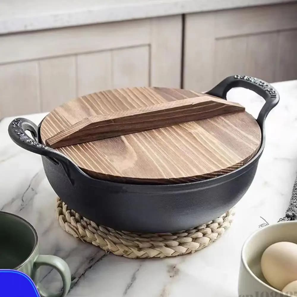 Iron Pot with Lid & Dual Handle Flat Bottom Stir Fry Pan Non Stick Heavy Dutch Soup Pot Home Kitchen Accessory