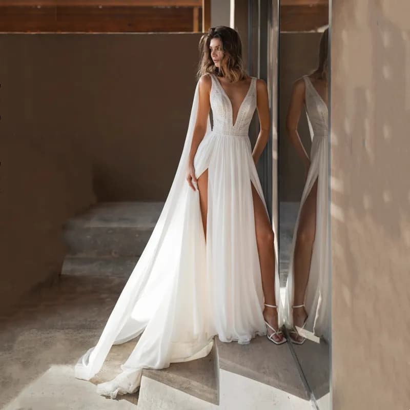 Boho senza maniche a-line in pizzo avorio sexy backless profondo scollo a V in chiffon senza spalline abito lungo spacco laterale formale 2026 personalizzato
