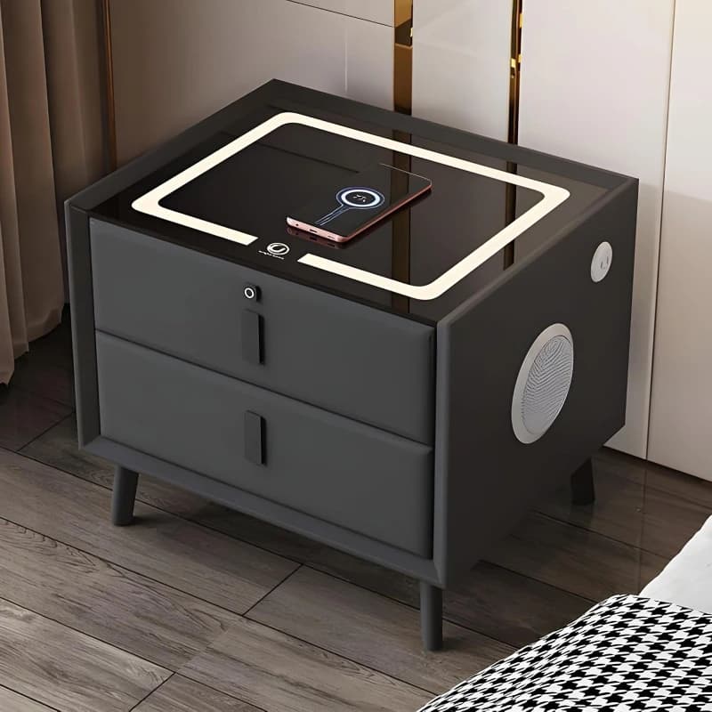 Comodino intelligente in legno massello Comodino con ricarica wireless Blocco delle impronte digitali Altoparlante da comodino e ricarica USB 2 cassetti
