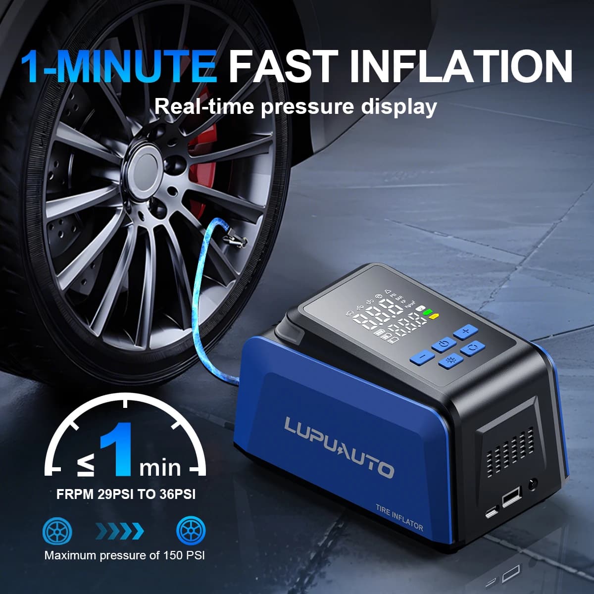 Compressore d'aria portatile per auto, gonfiatore wireless per pneumatici, compressore elettrico con display LCD digitale per auto, moto, biciclette e palloni.