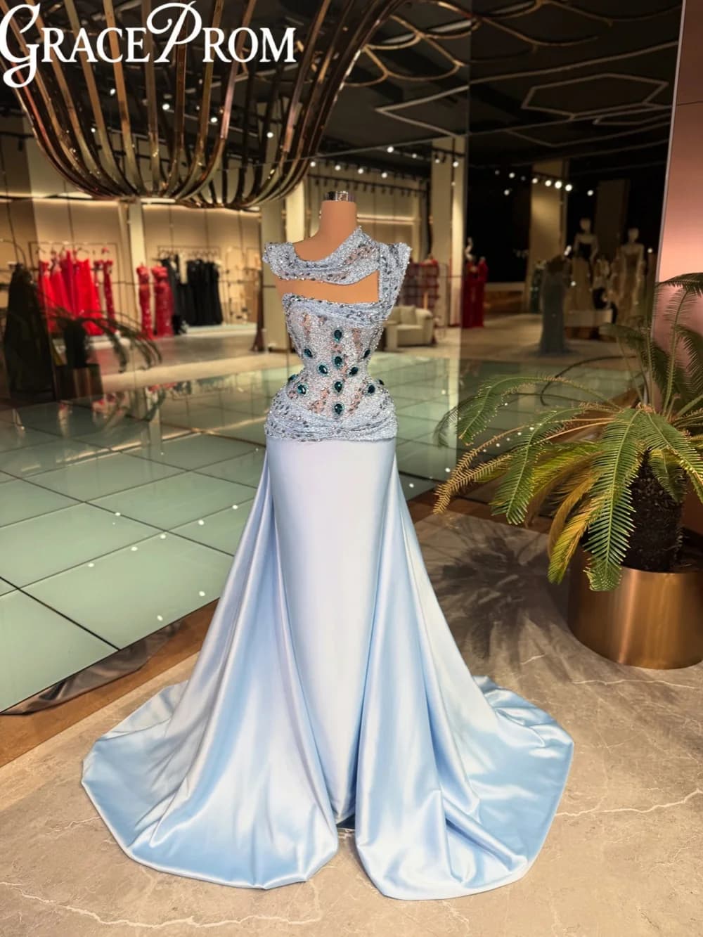 Abito da sera in raso azzurro con cristalli, elegante, senza maniche, in pizzo, lungo fino al pavimento, per matrimoni e feste, abito da banchetto di lusso personalizzato