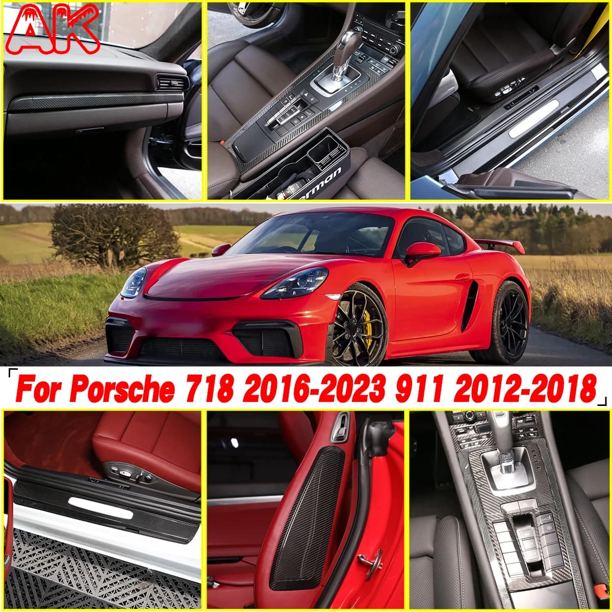 For Porsche 911 Carrera 991 718 982 Boxster Cayman Real Carbon Fiber Car Central Console Gear Shift Panel Door Cover Kit Trim
