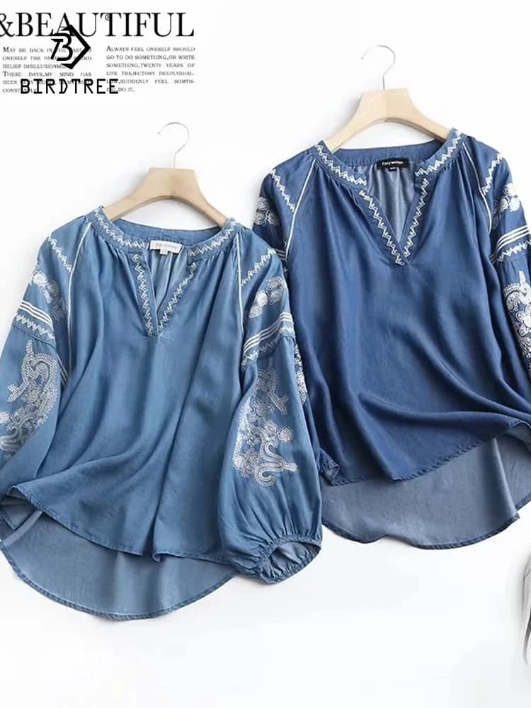 Reglan Lantern Sleeve camicie in Denim Jeans morbidi estivi da donna abbigliamento esterno camicette larghe Casual ricamate drappo Thin Top muslimah