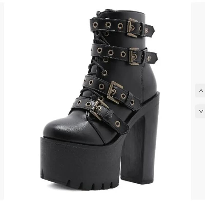 Stivali neri alla moda Tacco da donna Primavera Autunno Scarpe con plateau in morbida pelle con lacci Stivaletti da donna con tacco alto Scarpe punk