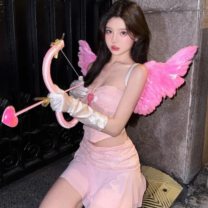 Cupido Cosplay Angelo Cos Rosa Ala Arco e Freccia Collana Guanti Set completo Gioco di ruolo Puntelli Accessori per le donne Festa a tema