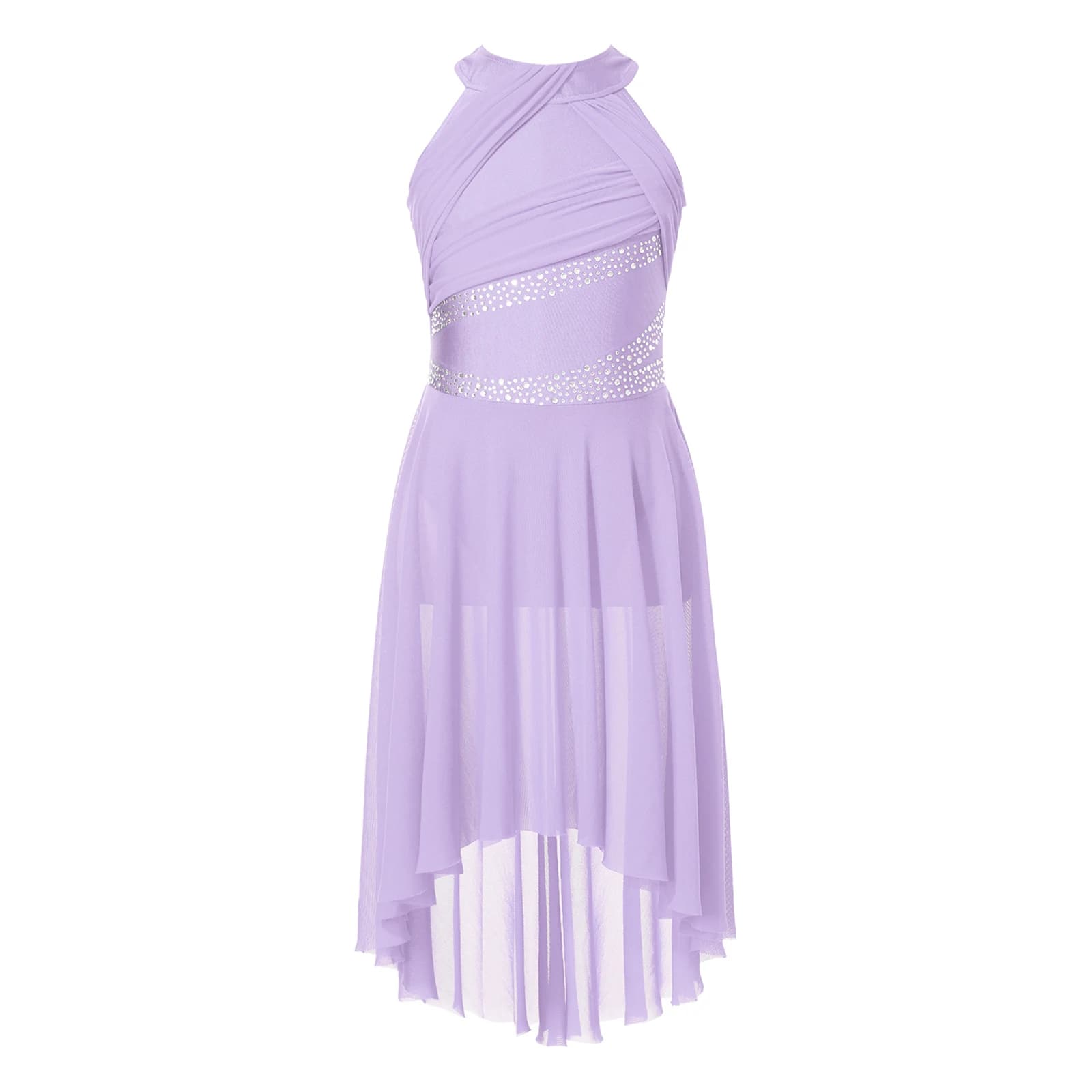 Vestito da ballo per ragazze in tulle trasparente, abito da pattinaggio artistico con strass scintillanti per performance sul palco