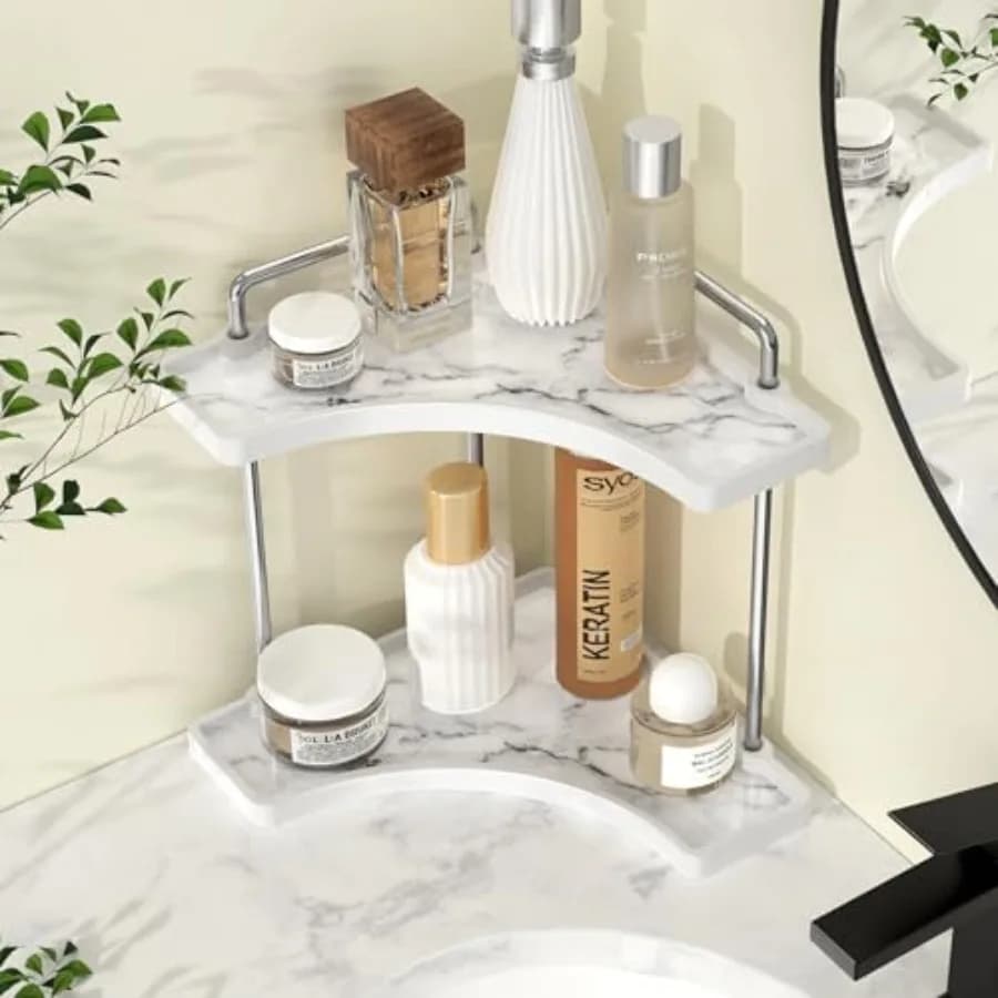 Organizer Angolare da Bagno in Ceramica a 2 Livelli con Motivo Marmo, Mensola Angolare da Appoggio per Cosmetici e Profumi