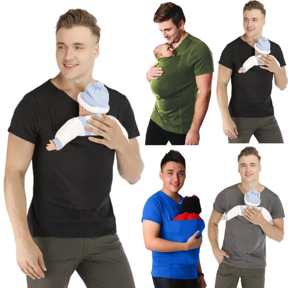 T-shirt da uomo in misto cotone traspirante, maglietta da uomo con scollo a V, manica corta, comoda per il trasporto del bambino