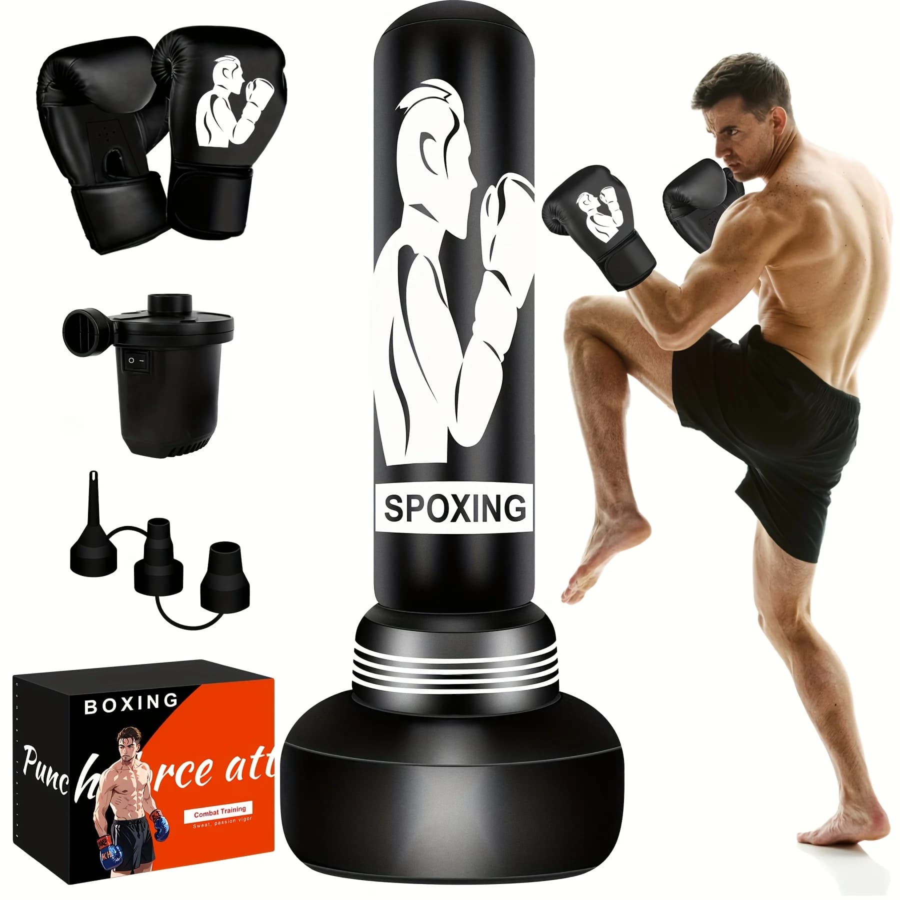 Sacco da Boxe Pesante con Supporto per Adulti, Sacco da Boxe Autoportante da 70 Pollici con Guanti da Boxe e Pompa Elettrica, Sacco da Boxe Gonfiabile per Uomini Donne Adolescenti Allenamento MMA Thai Fitness
