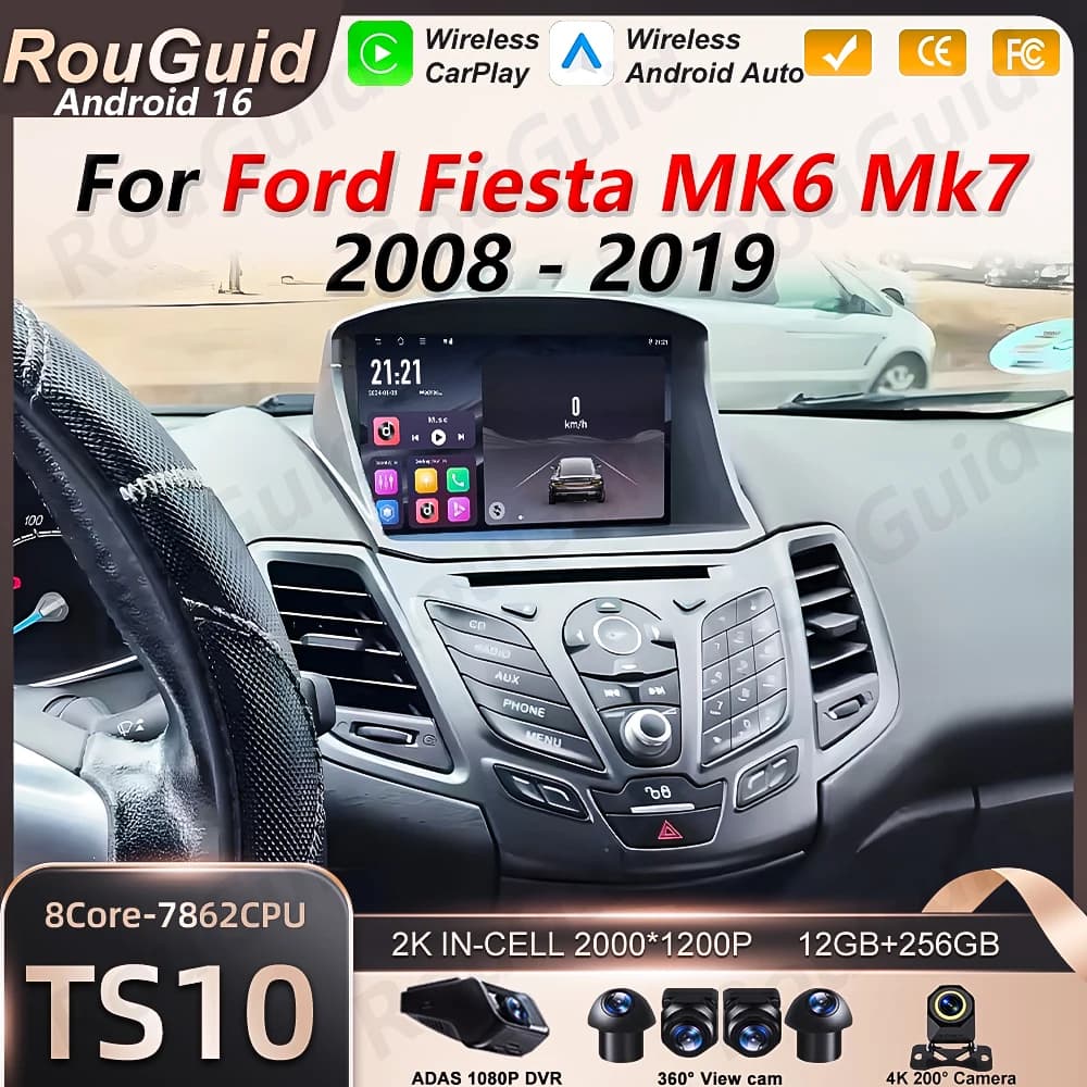Autoradio Android 16 per Ford Fiesta MK6 MK7 2009-2017 con Navigatore GPS, Lettore Multimediale Video, Wi-Fi e Schermo Stereo