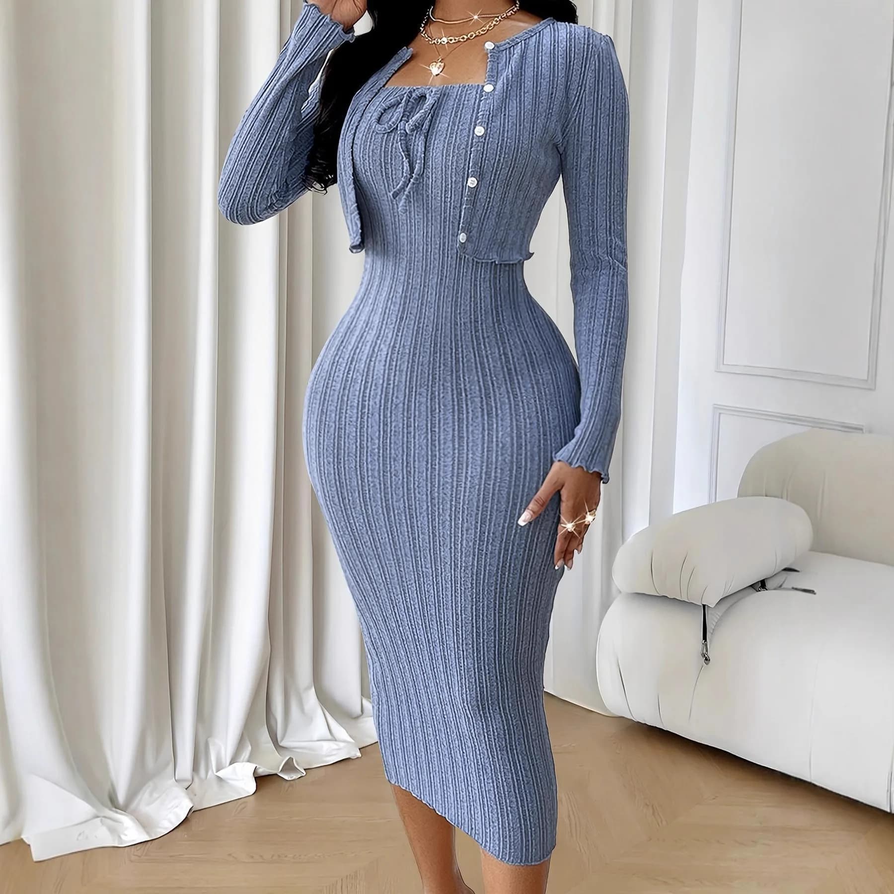 Nuovo Abito Aderente in Maglia per Donna, Collezione Autunno-Inverno 2026, Set con Gonna Aderente