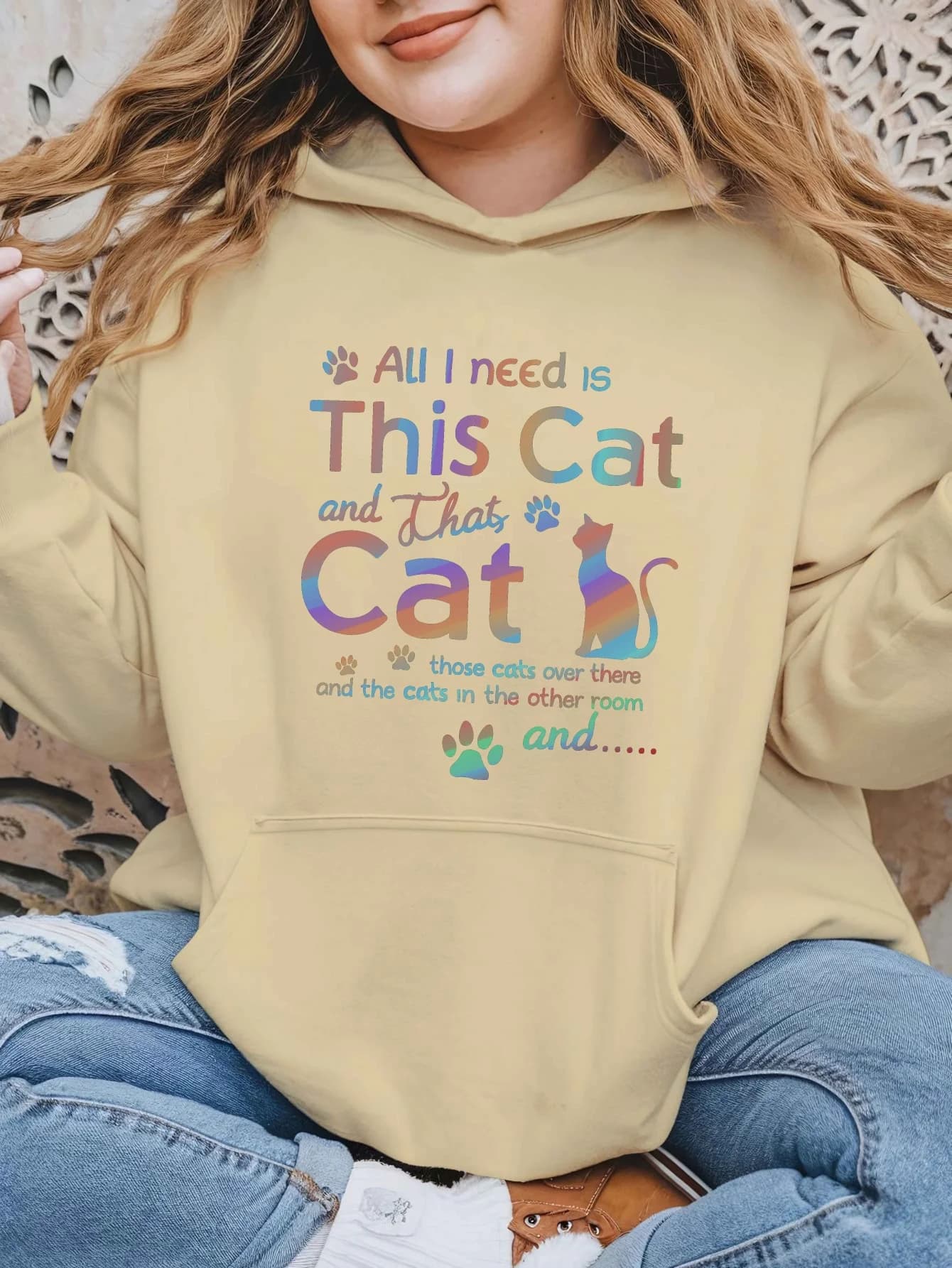 Felpa con cappuccio taglie forti da donna This Cat - Pullover con stampa grafica Black Cat Lover con tasche, comoda felpa con cappuccio foderata in pile
