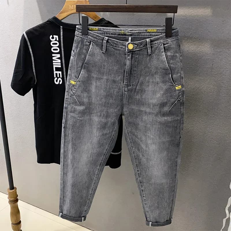 Jeans Casual Giovanili Slim Fit da Uomo, Pantaloni Harlan Elasticizzati alla Moda a Tre Quarti, Indossabili in Estate, Vita Media con Chiusura a Zip, Stile Harlan