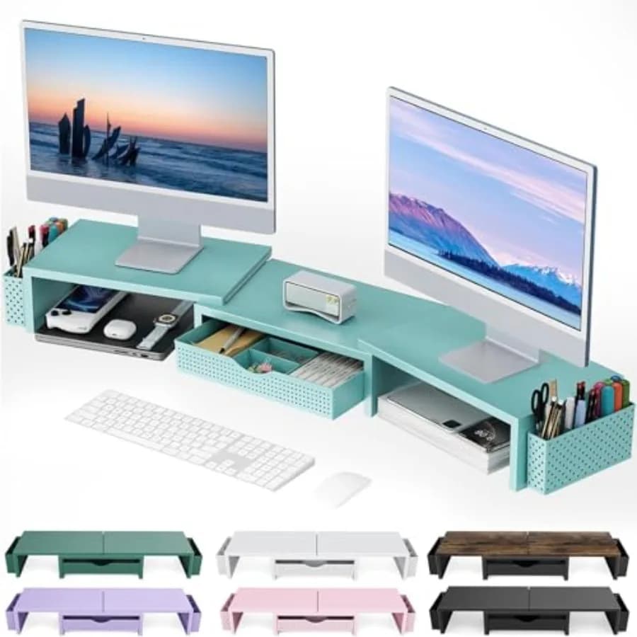Supporto per Doppio Monitor con Organizzatore da Scrivania, Cassetto e 2 Portapenne, Stand per Monitor per Ufficio e Arredo Scrivania