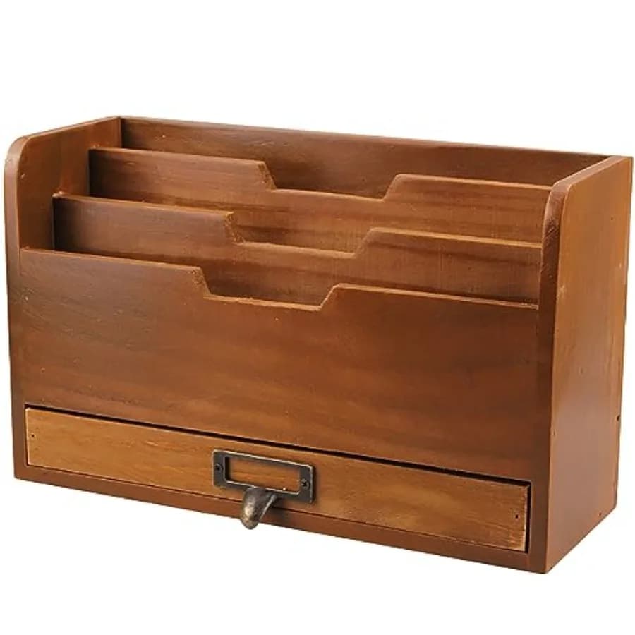 Organizer da Scrivania in Legno Rustico - Portadocumenti Verticale con 3 Scomparti e 1 Cassetto Porta Carta - Legno di Mogano