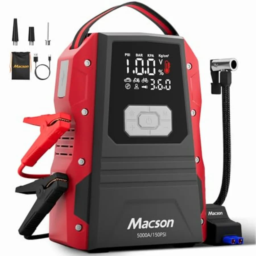 Avviatore di Emergenza 5000A con Compressore d'Aria - Batteria Portatile 12V per Motori a Benzina 9.0L/Diesel 8.0L