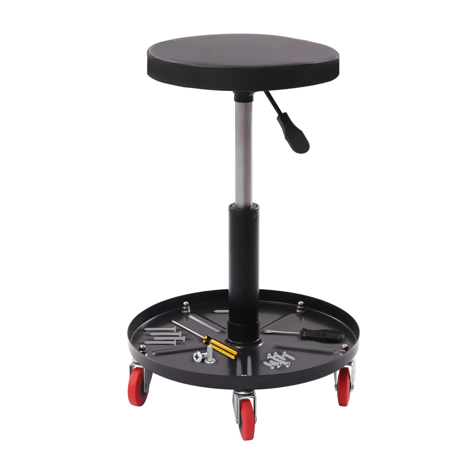 Adjustable swivel stool with tool tray, pneumatic mechanical roller seat for garage repair, repair shop, 300 pounds