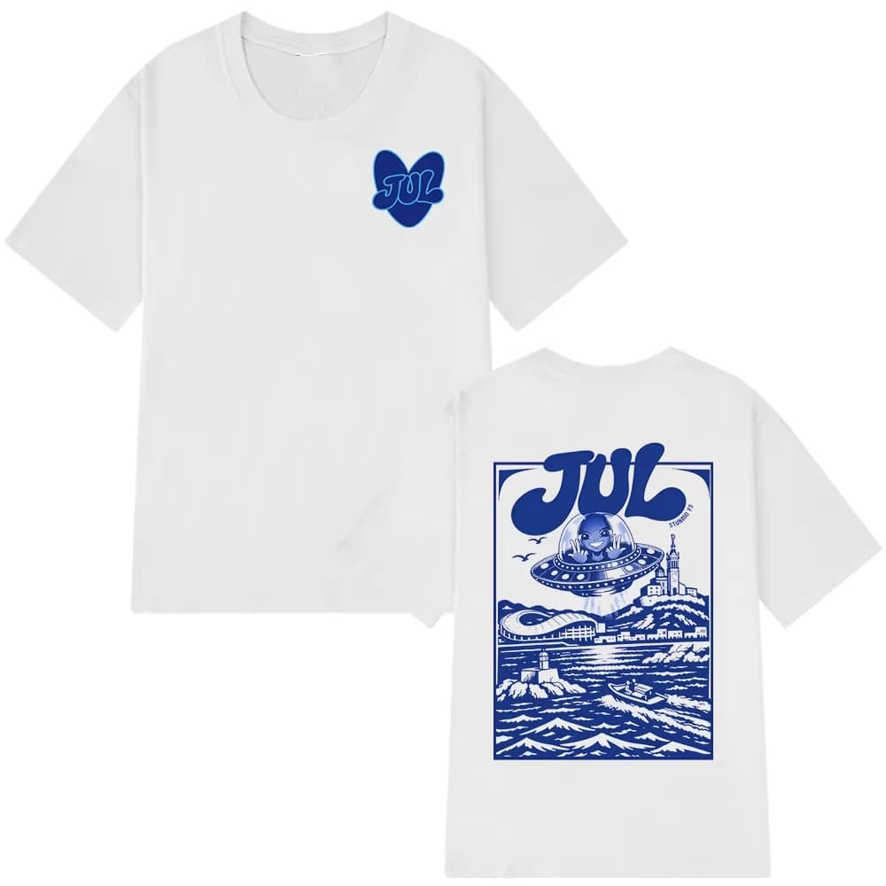 Nuova T-shirt Oversize Unisex 2026 in Cotone 100% con Stampa UFO Marseille di Jul Alien, Moda Estiva, Collo Ampio, Vendita Calda