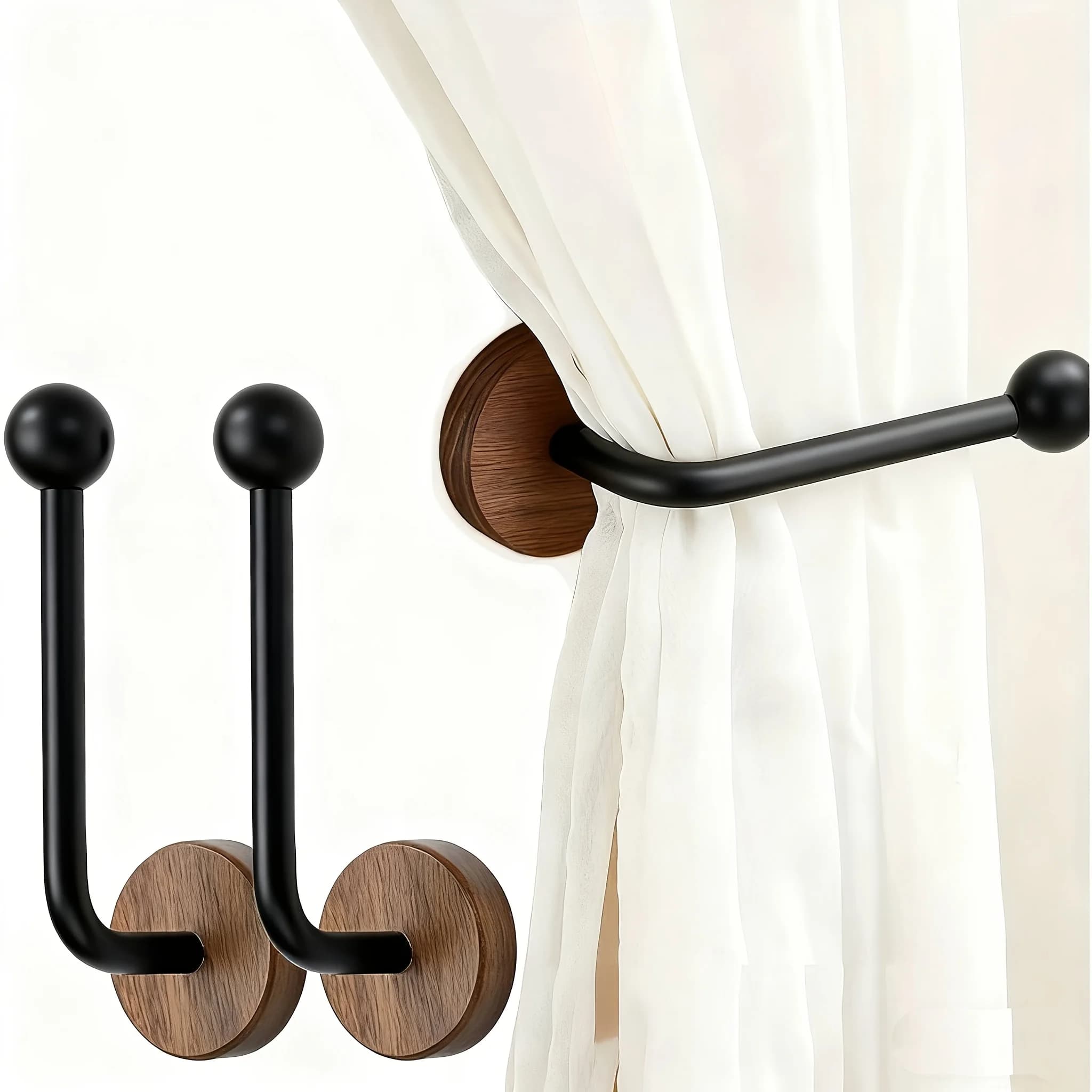 2-Pack Modern Adhesive Curtain Holdbacks No Drill Wall Mounted with FAS Walnut Wood Base - Heavy Duty Adhesive Panels & Wood