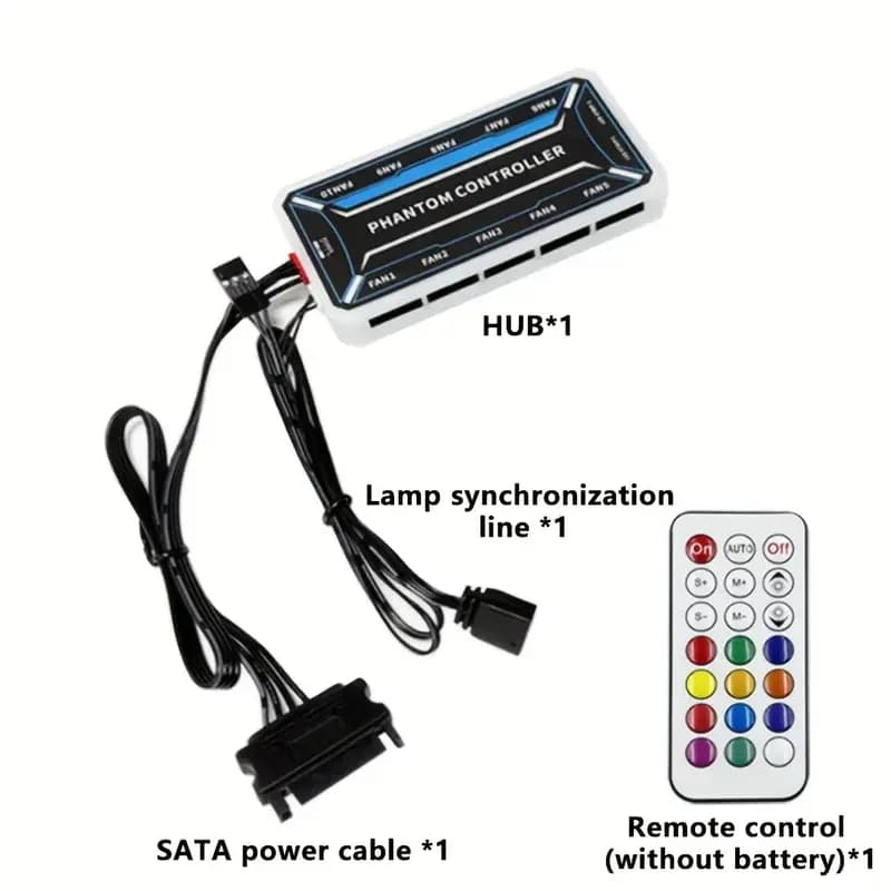 Controller ARGB a 10 porte per ventole a 6 pin e 2 porte per ventole a 4 pin con alimentazione SATA e telecomando, hub di illuminazione RGB integrato (batteria non inclusa)