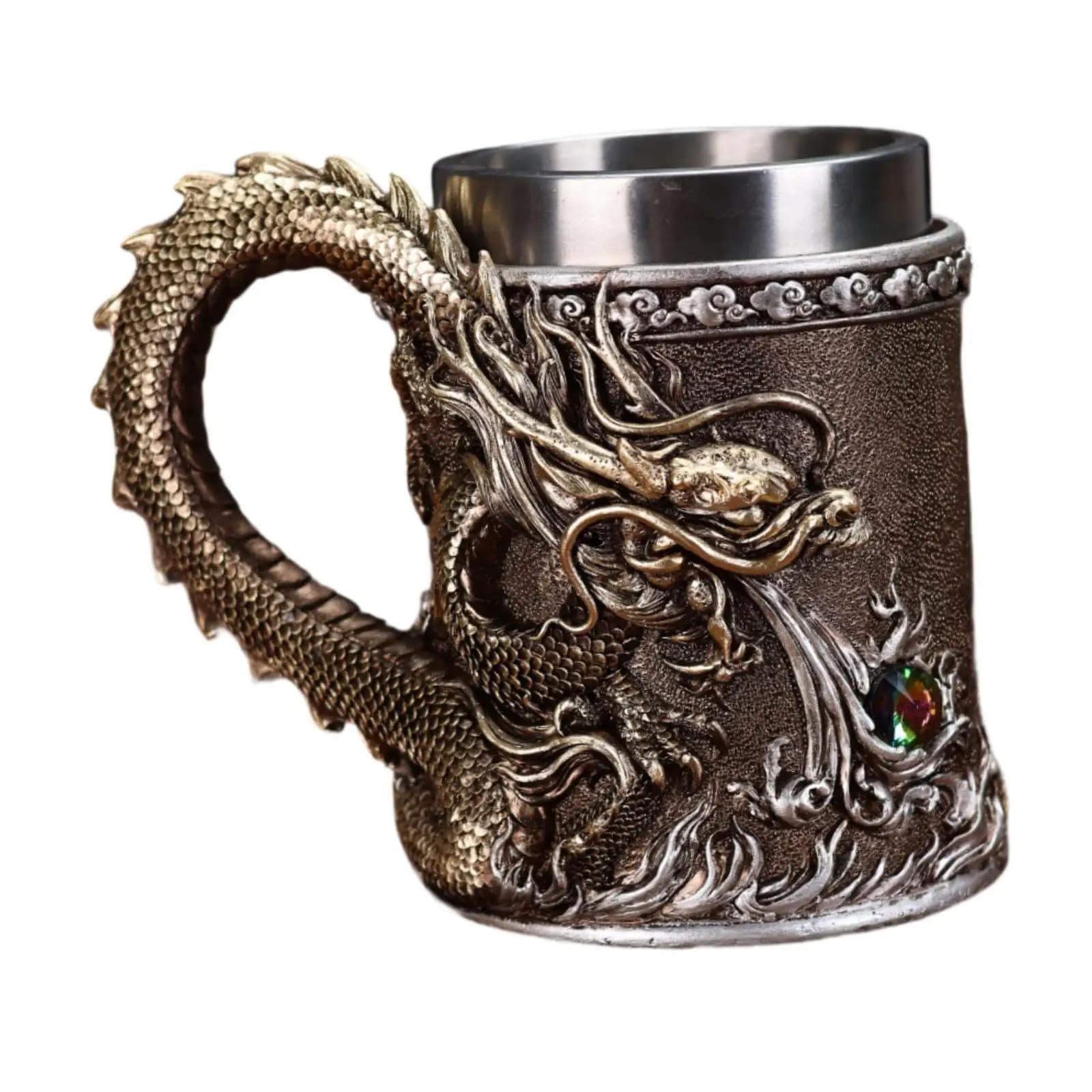 Boccale Medievale per Bevande, Boccale da Birra con Rivestimento in Acciaio Inossidabile e Manico, Tazza da Viaggio Goffrata