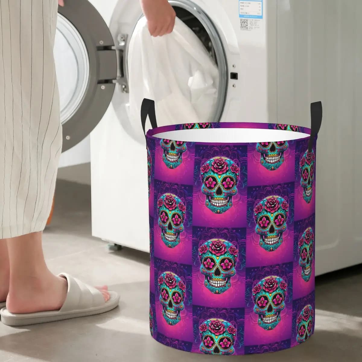 Mexican Sugar Skulls and Flowers Baskets for Foldable Bedlinen Dresses Toys Basket Holders Bag for Home