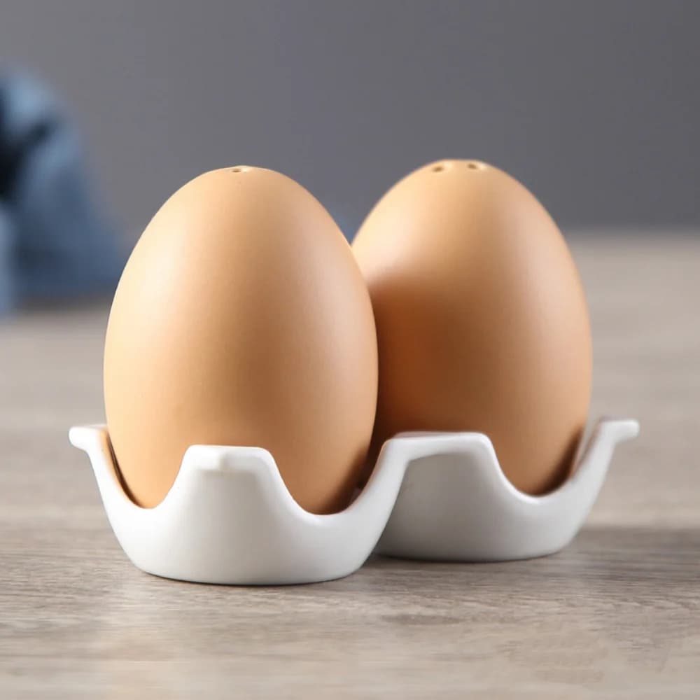 Set di sale in ceramica stile uovo, set di shaker per pepe, mini shaker a forma di uovo marrone con supporto di design in cartone