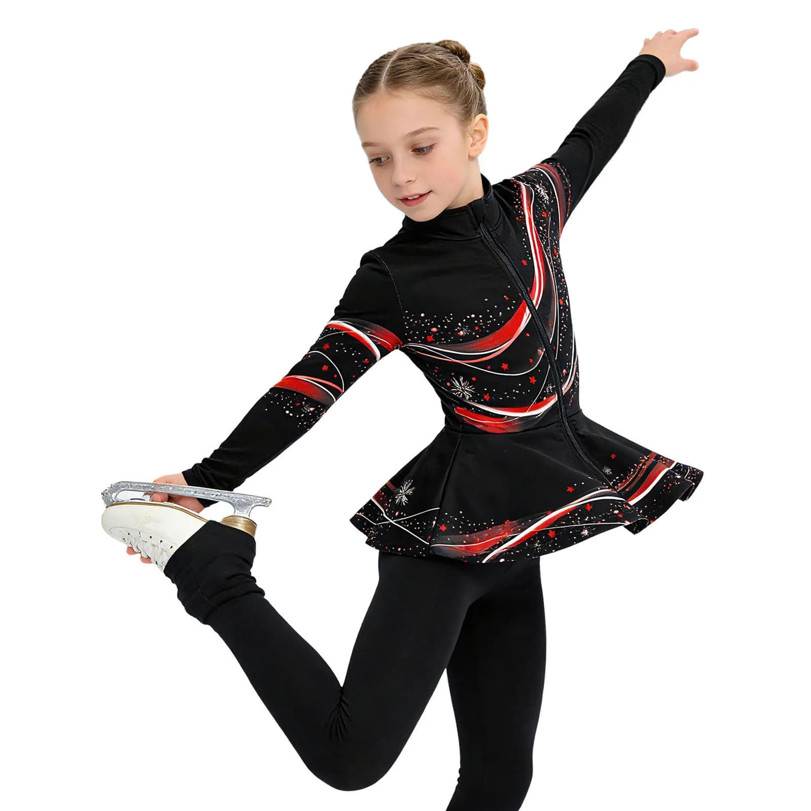 Giacca da pattinaggio artistico per bambina, stampa, manica lunga, cerniera, felpa peplo, yoga, ginnastica, allenamento di danza, top atletici