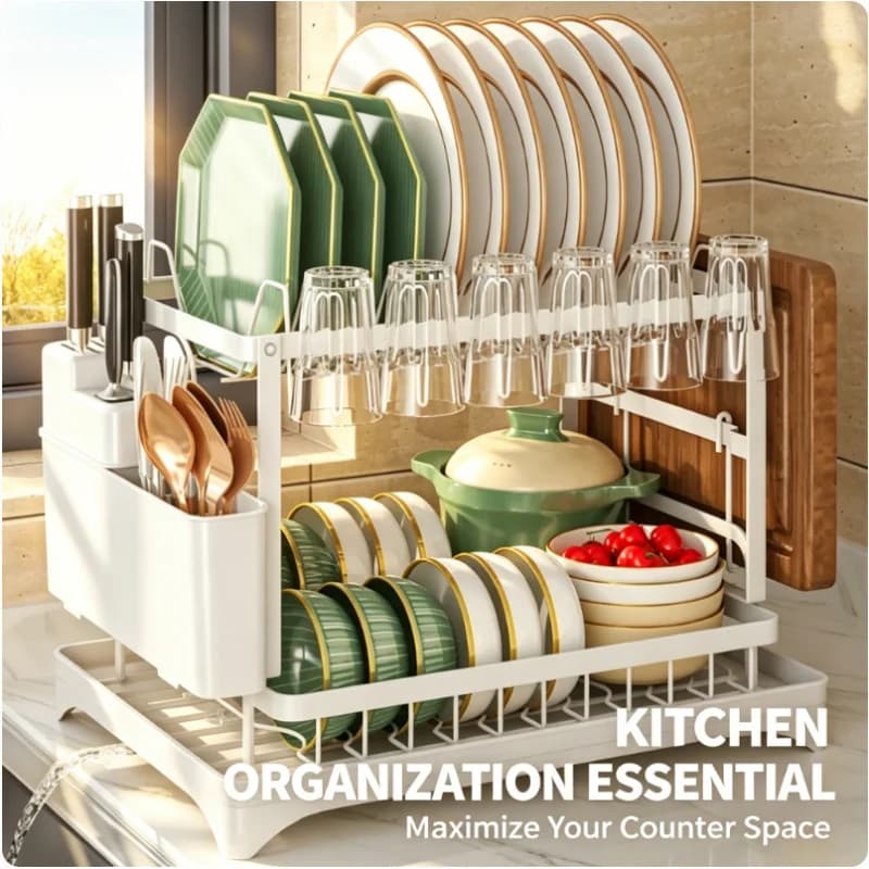 Scolapiatti Bianco da Cucina Multifunzionale da Appoggio con Scomparto per Coltelli e Bacchette