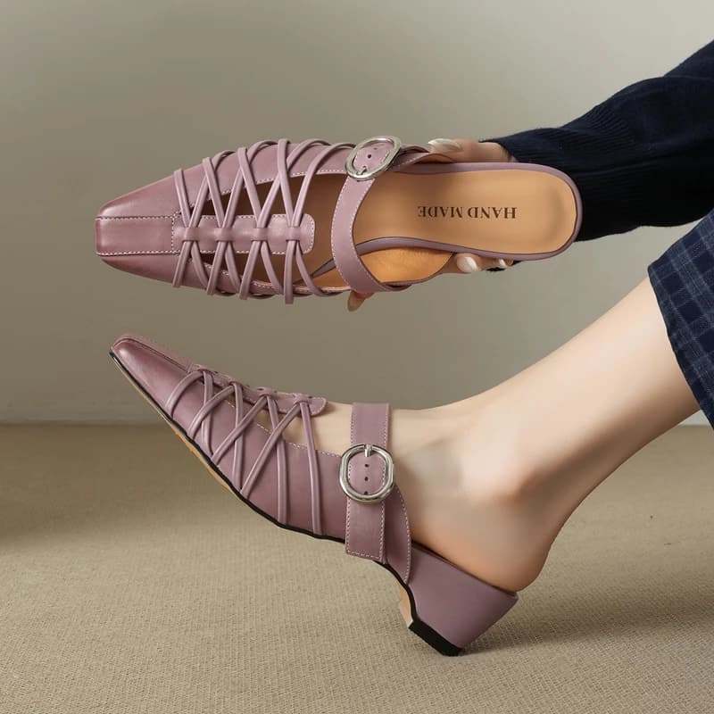 Women's new summer genuine leather cowhide hollow breathable toe cap retro high heels Mueller shoes fashion slippers
