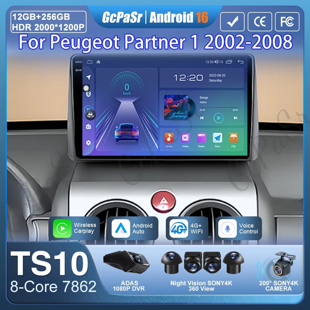 Autoradio Android 16 for Peugeot Partner 1 2002-2008, GPS Navigation, Android Auto, Carplay, Multimedia Reader, Screen 4G, No DVD 2din