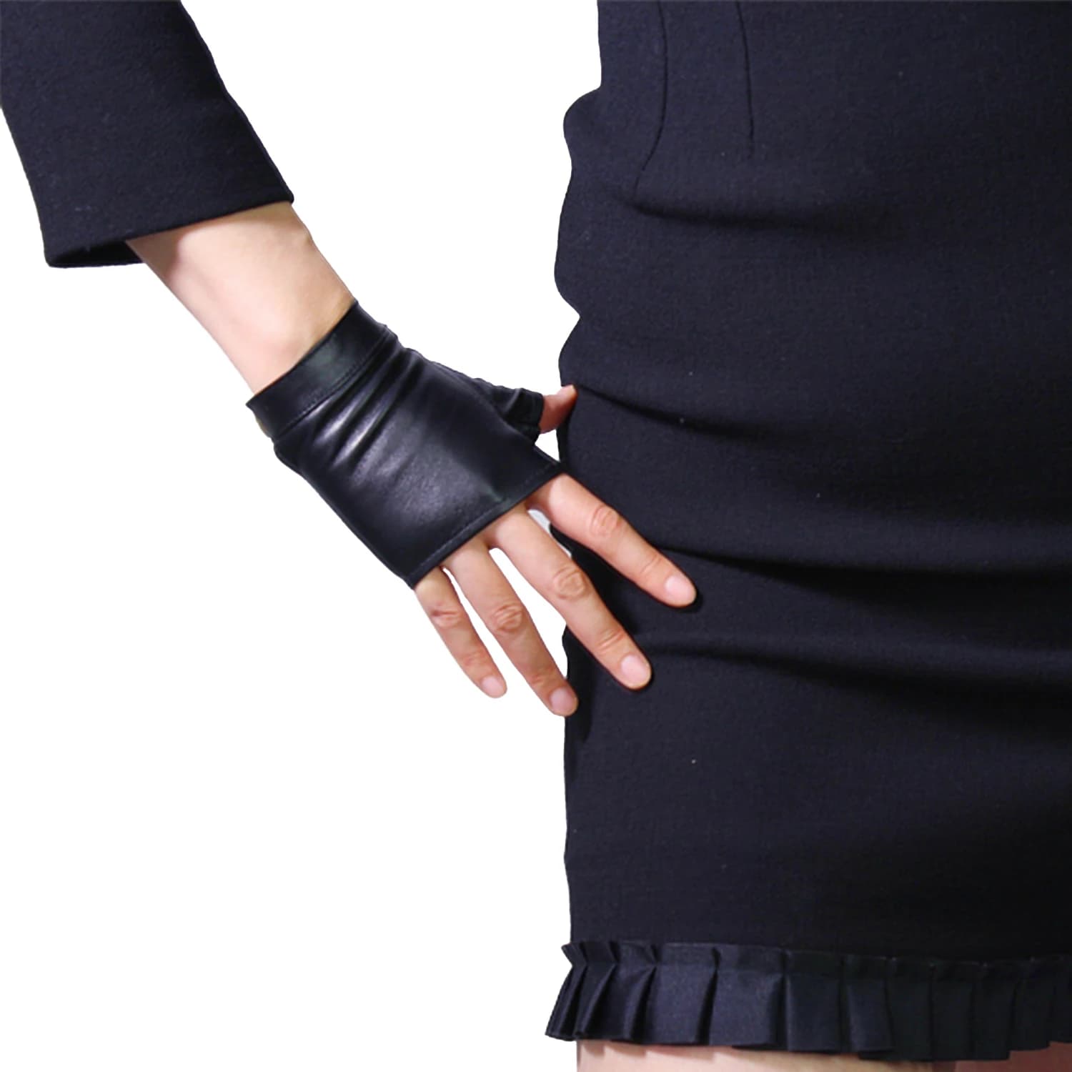 DooWay Guanti corti senza dita in vera pelle nera da donna, cinturino da polso tecnico, mezzo dito, per sport all'aria aperta, ciclismo, guida
