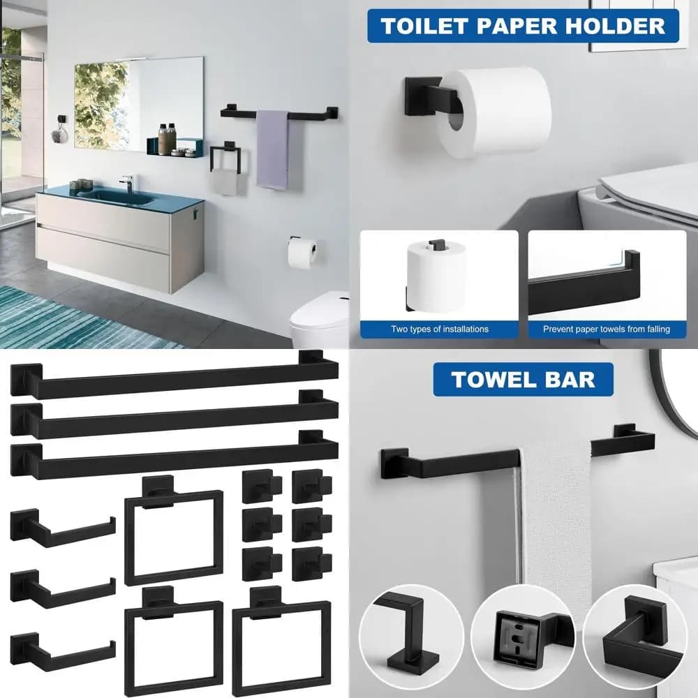 Set di accessori per il bagno da 15 pezzi - Accessori per il bagno neri opachi, portasciugamani da 24 pollici, portasciugamani quadrato, porta carta igienica, portasciugamani