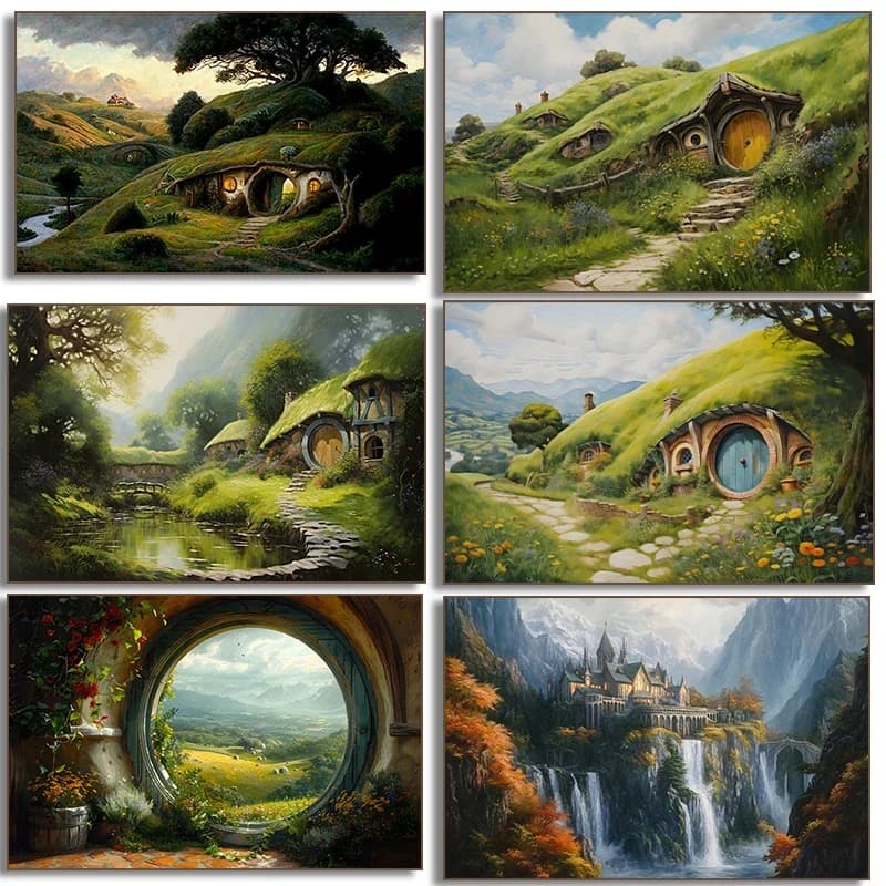 H-Hobbit House Canvas Painting Art Print, Shire Landscape Wall Art, Nature Countryside Fantasy for Living Room Home Decor,