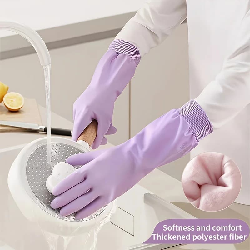 Una coppia di guanti spessi in PVC per la pulizia della cucina, polsino elastico con ganci, guanti multiuso per il bucato e il bagno