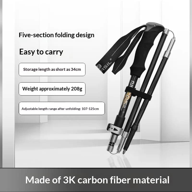 3K Carbon Fiber Folding Trekking Pole Ultra Light Five Section Hiking Staff Collapsible Walking Stick for Camping Trek