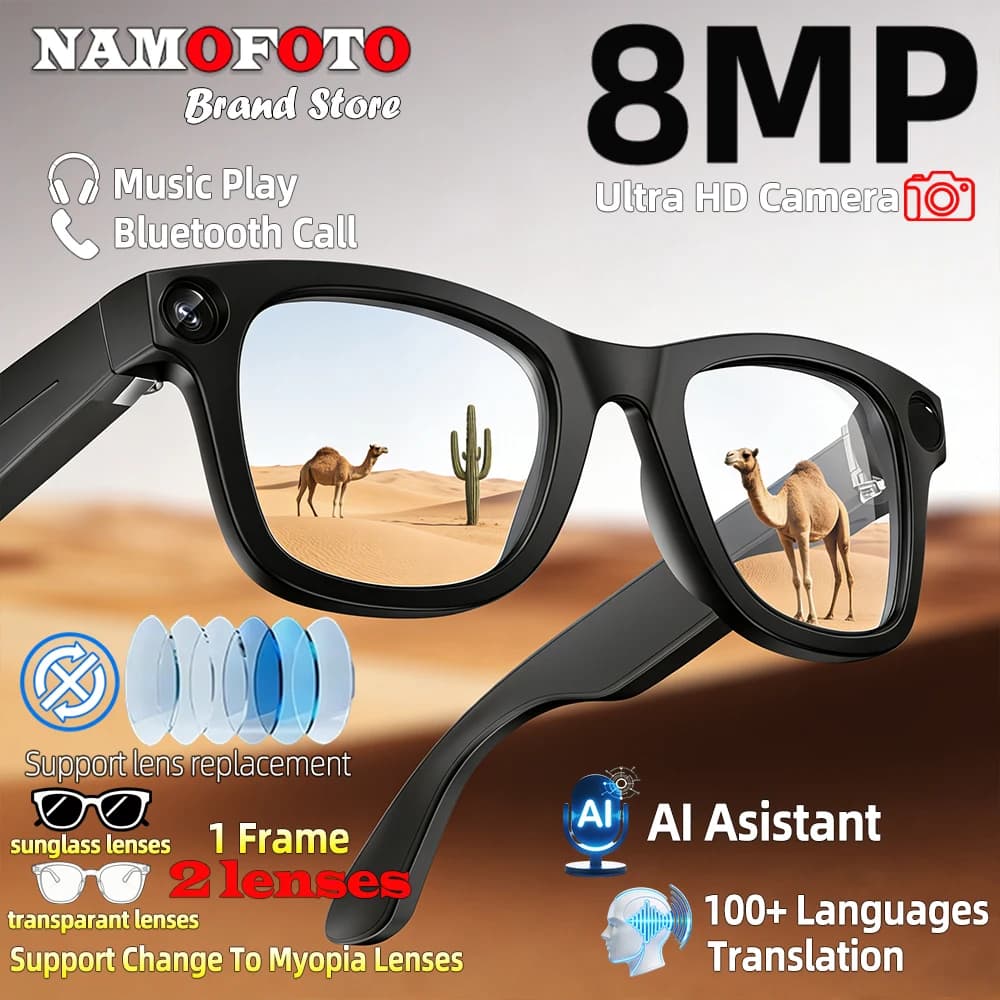 Smart AI Glasses for Vocal Translation 131mm for Small Face Woman, 8MP Camera, 1080P Video Recording, Photo Recognition, BT Calls, Sunglasses