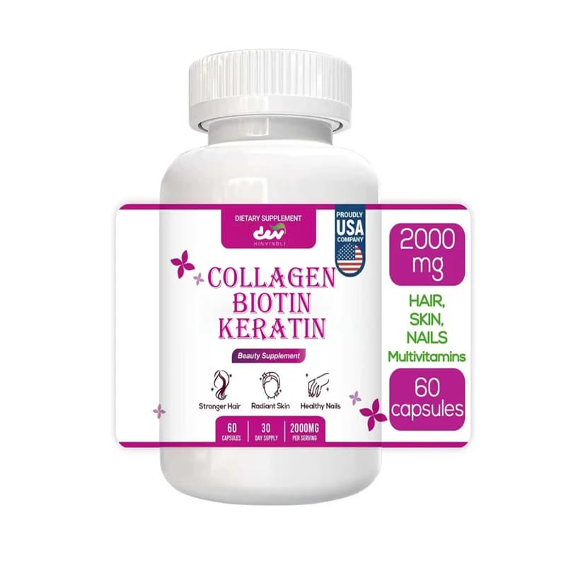 Composite collagen supplement, keratin and hyaluronic acid, containing vitamin E, folic acid, 60 capsules