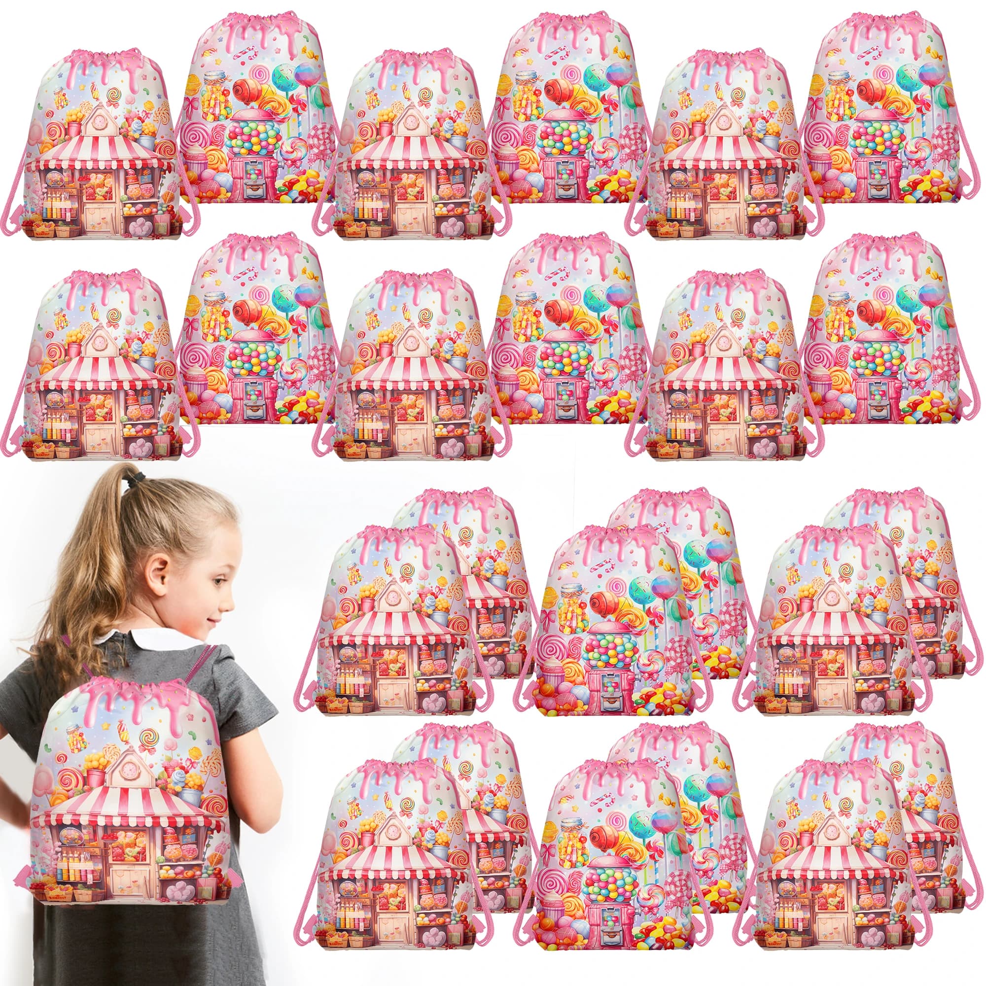 10 pezzi Candy House Borsa regalo in tessuto non tessuto Zaino con coulisse Attività all'aperto Borse portaoggetti per imballaggio Borsa regalo di compleanno per ragazze