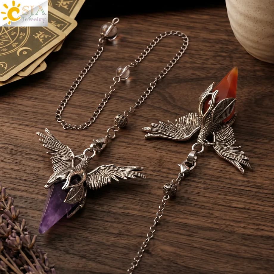 CSJA Vintage Phoenix Bird Crystal Pendulum for Energy Dowsing Divination Natural Stone Angel Wing Pendant Pendule Pendulos H895