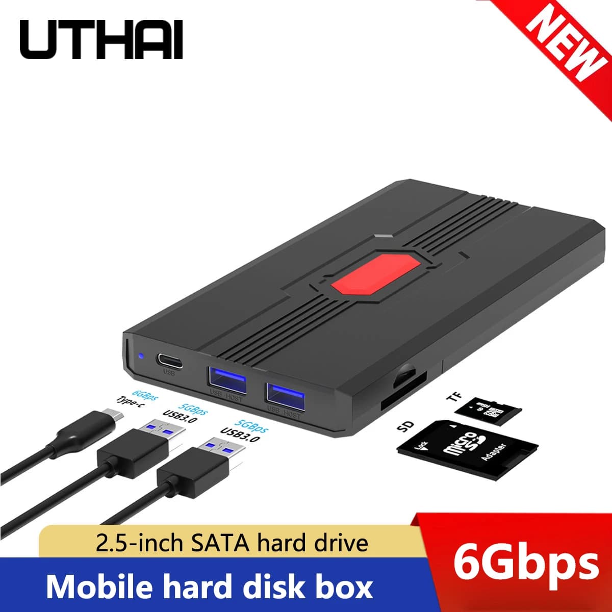 Scatola per disco rigido multifunzionale da 2,5 pollici USB 3.0 Type-C Lettore di schede TF/SD Custodia per disco rigido modello privato per archiviazione esterna